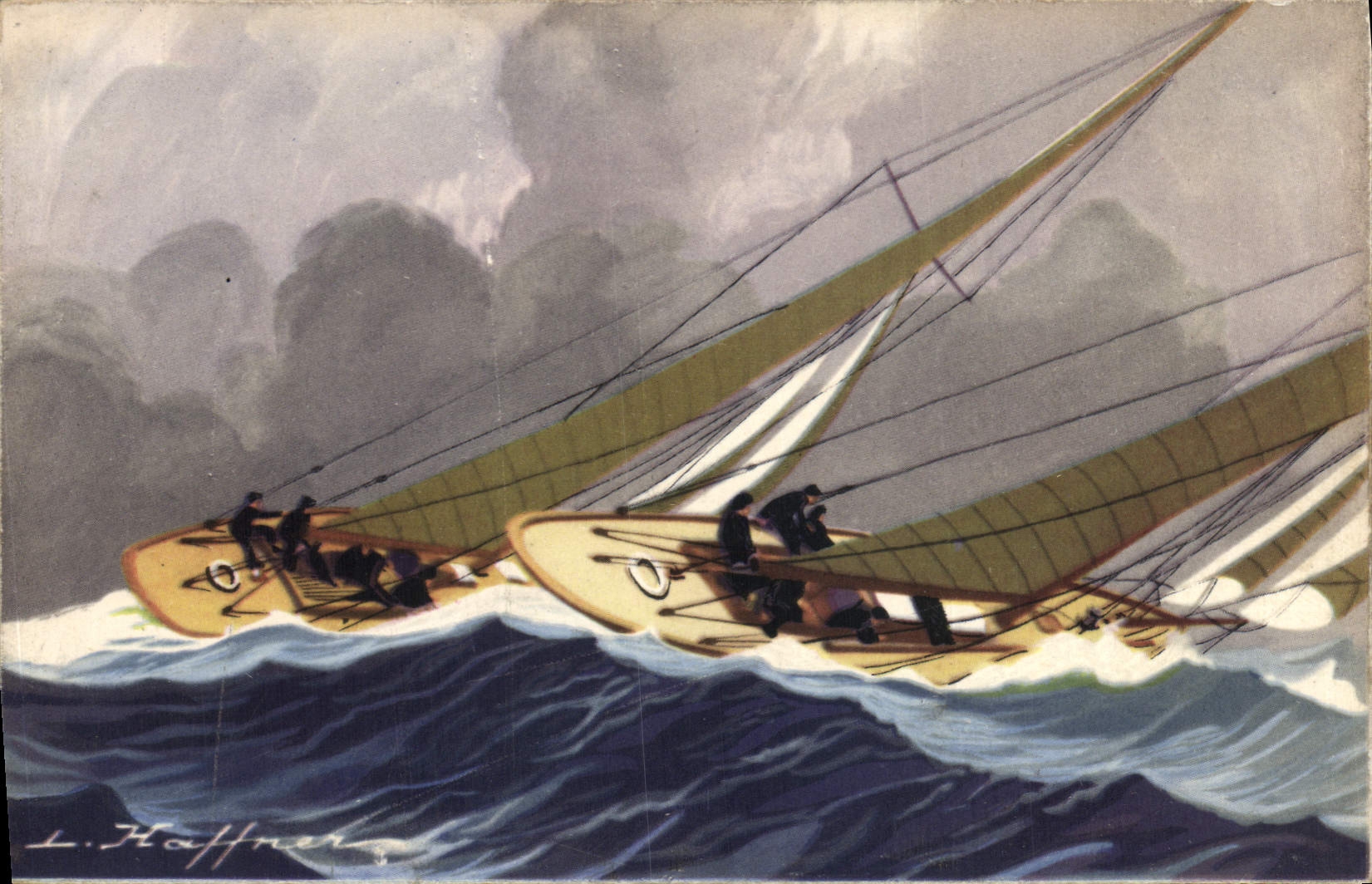 CPA Fantaisie Illustrateur Haffner Bateau Yachts de course Croisieres courant bord a bord 
