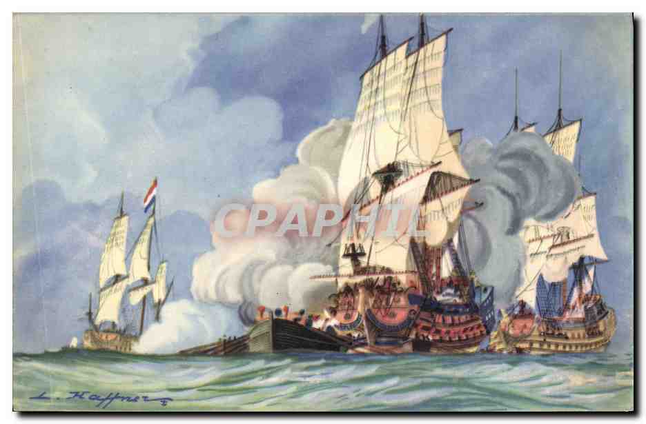 CPA Fantaisie Illustrateur Haffner Bateau Debut de la bataille de Beveziers 