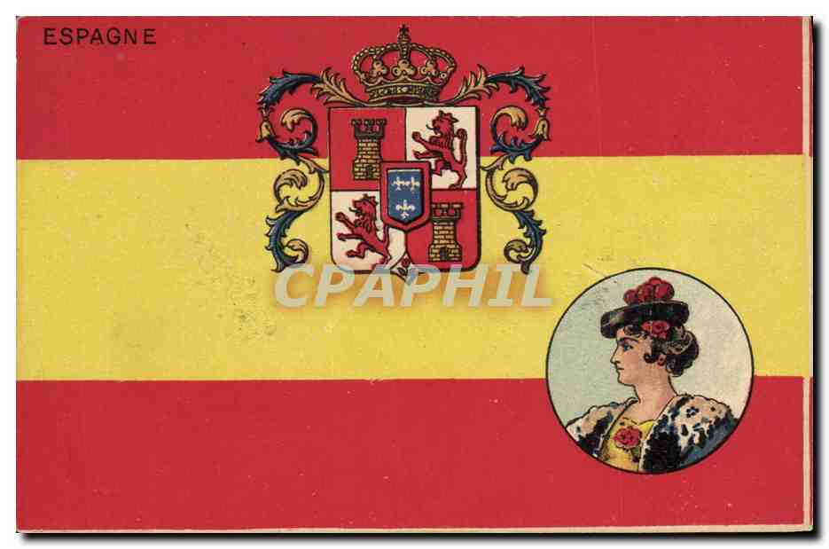 CPA Drapeau Femme Espagne Lion