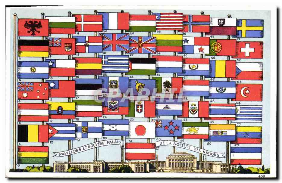 CPA Drapeau Pavillons et Nouveau Palais de la Societe des Nations