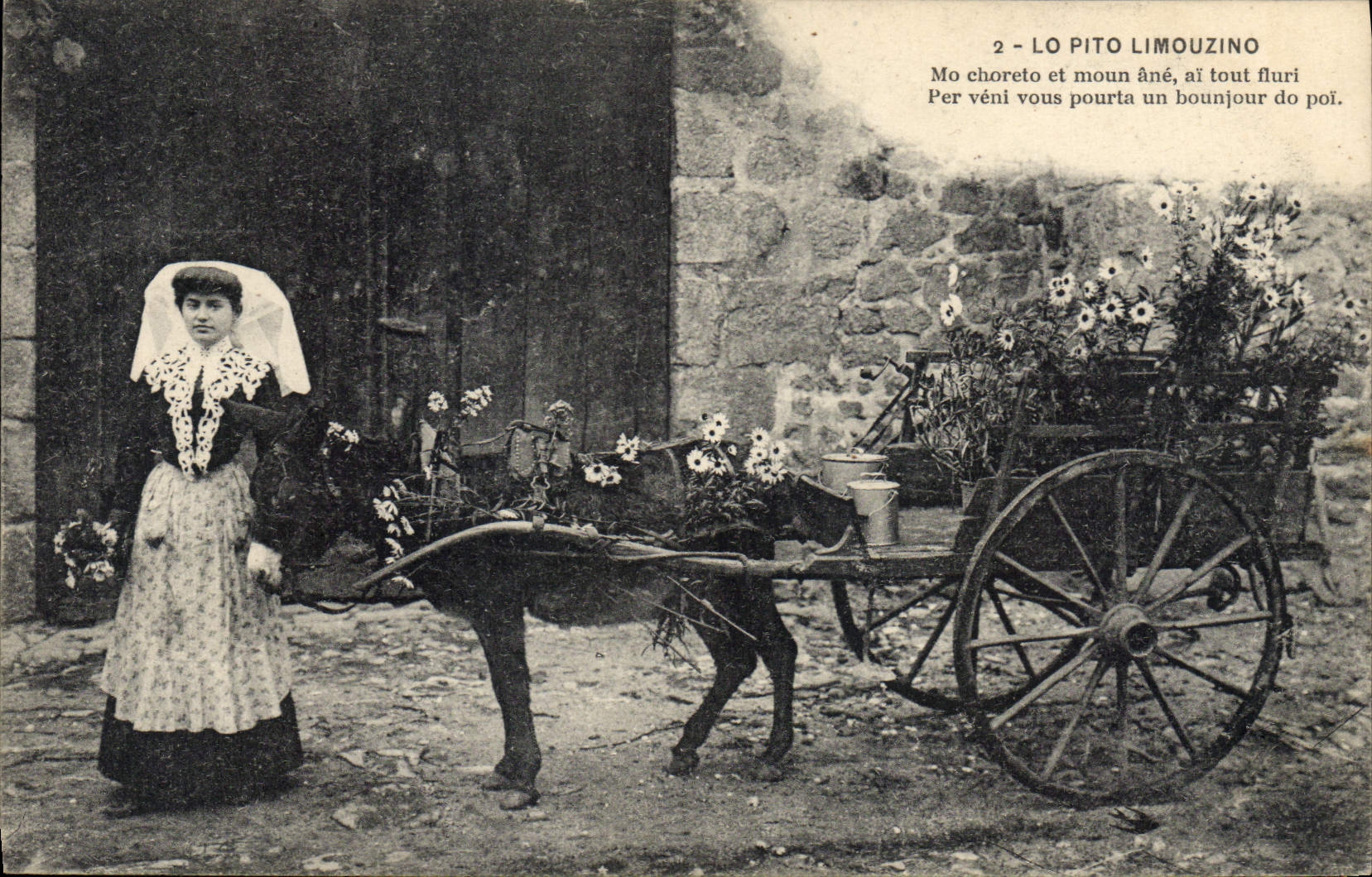 Femme en costume traditionnel avec âne et charrette fleurie — Lo Pito Limouzino — éditeur non identifié, n° 2