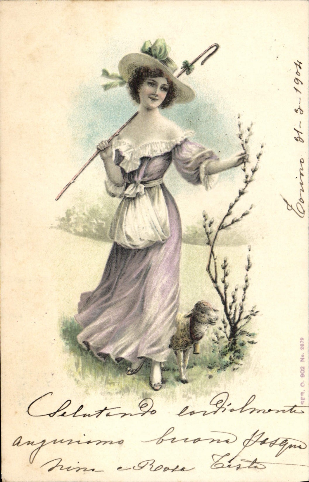 Donna in abito lavanda con agnello — Corino, Italia — Editore C. BOZ N° 2839