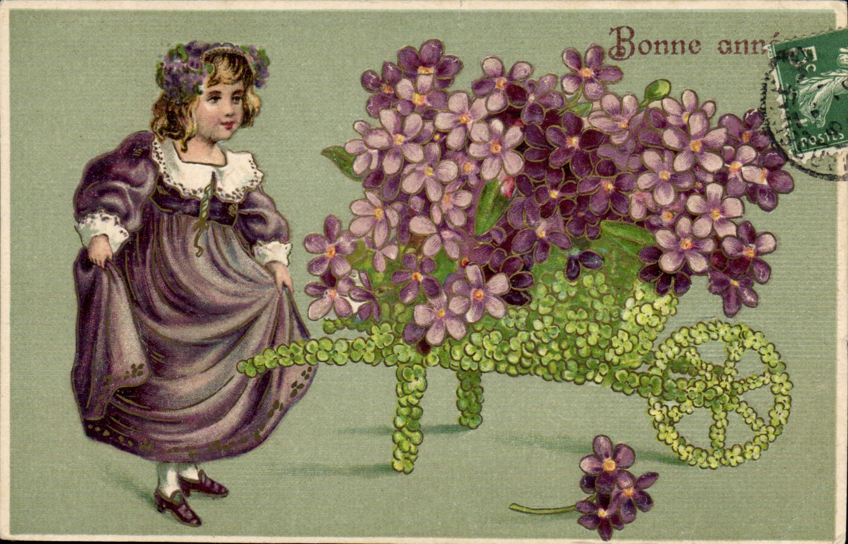Bambina con carrello di fiori — Buon anno — Editore non identificato, numero di serie non visibile