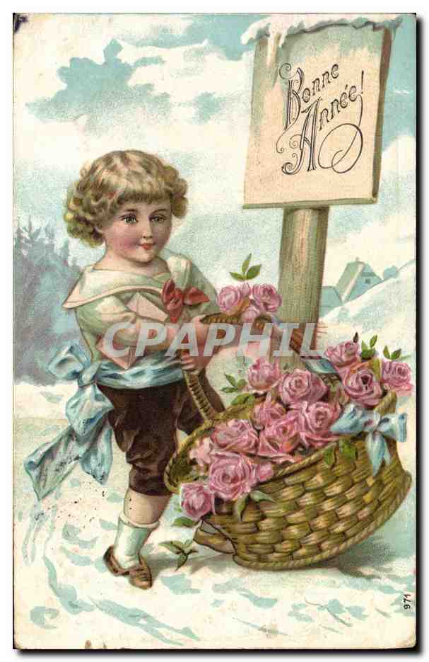 Enfant avec panier de roses — Bonne Année! — n° 9716
