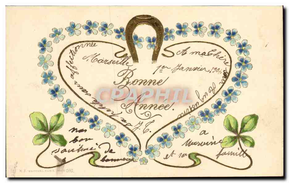 CPA Fantaisie Fleurs Fer a cheval Trefles