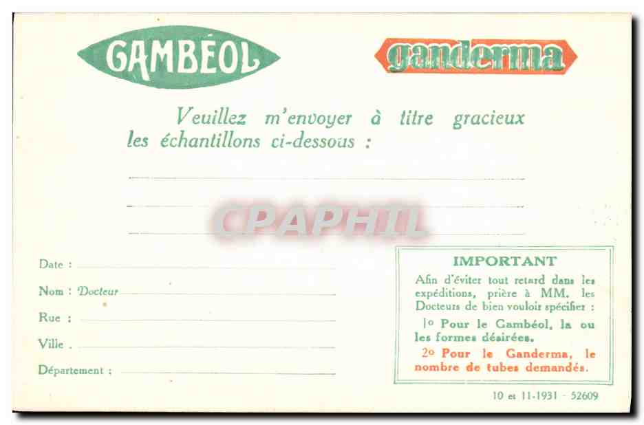 CPA Publicite Laboratoire du Gambeol Rue Emile Deschanel Courbevoie Ganderma — Rückseite