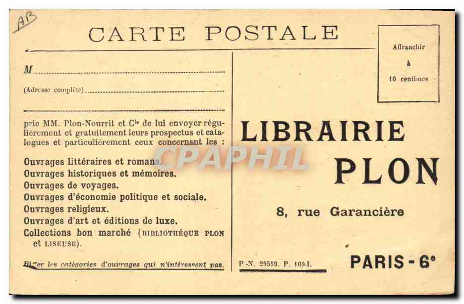 CPA Publicite Imprimerie Plon Ateliers de composition d'impression et de brochage  — Rückseite