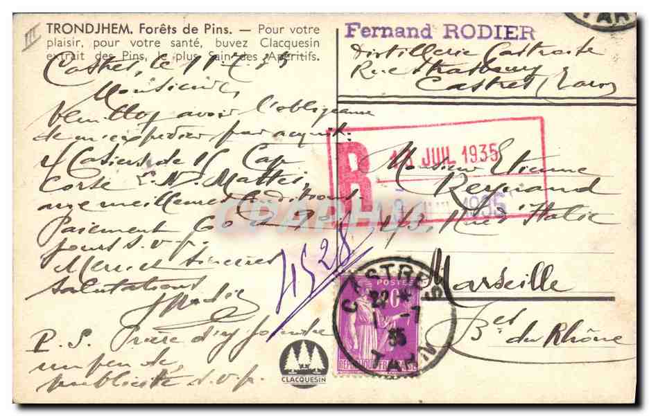 CPA Publicite Trondheim Forets de pins Fernand Rodier Clacquesin Aperitif — Rückseite