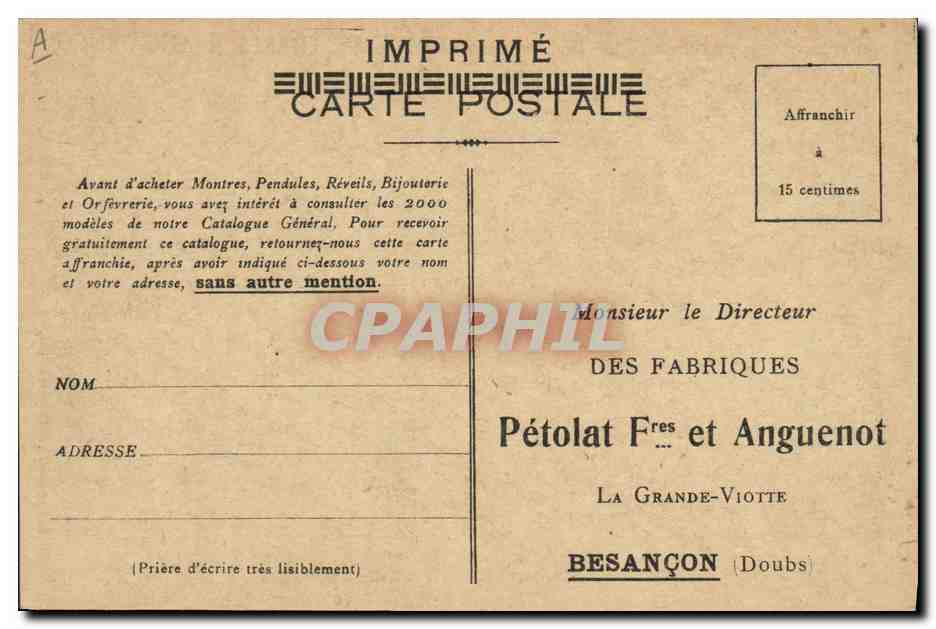 CPA Publicite Petolat Freres et Anguenot Avenue Denfert Rochereau Besancon Morteau et Villers le Lac — Rückseite