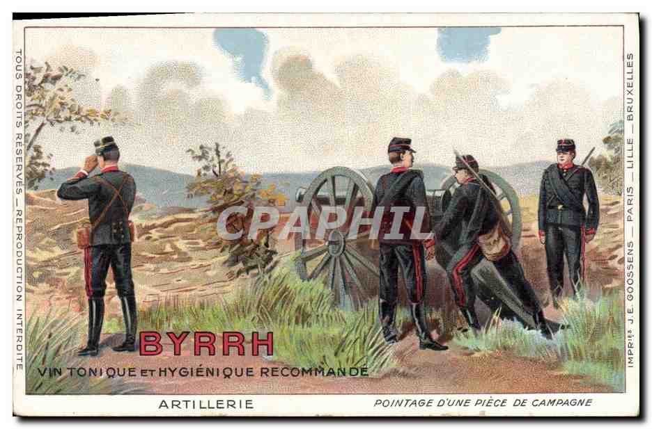 CPA Publicite Byrrh Artillerie Pointage d'une piece de campagne Militaria