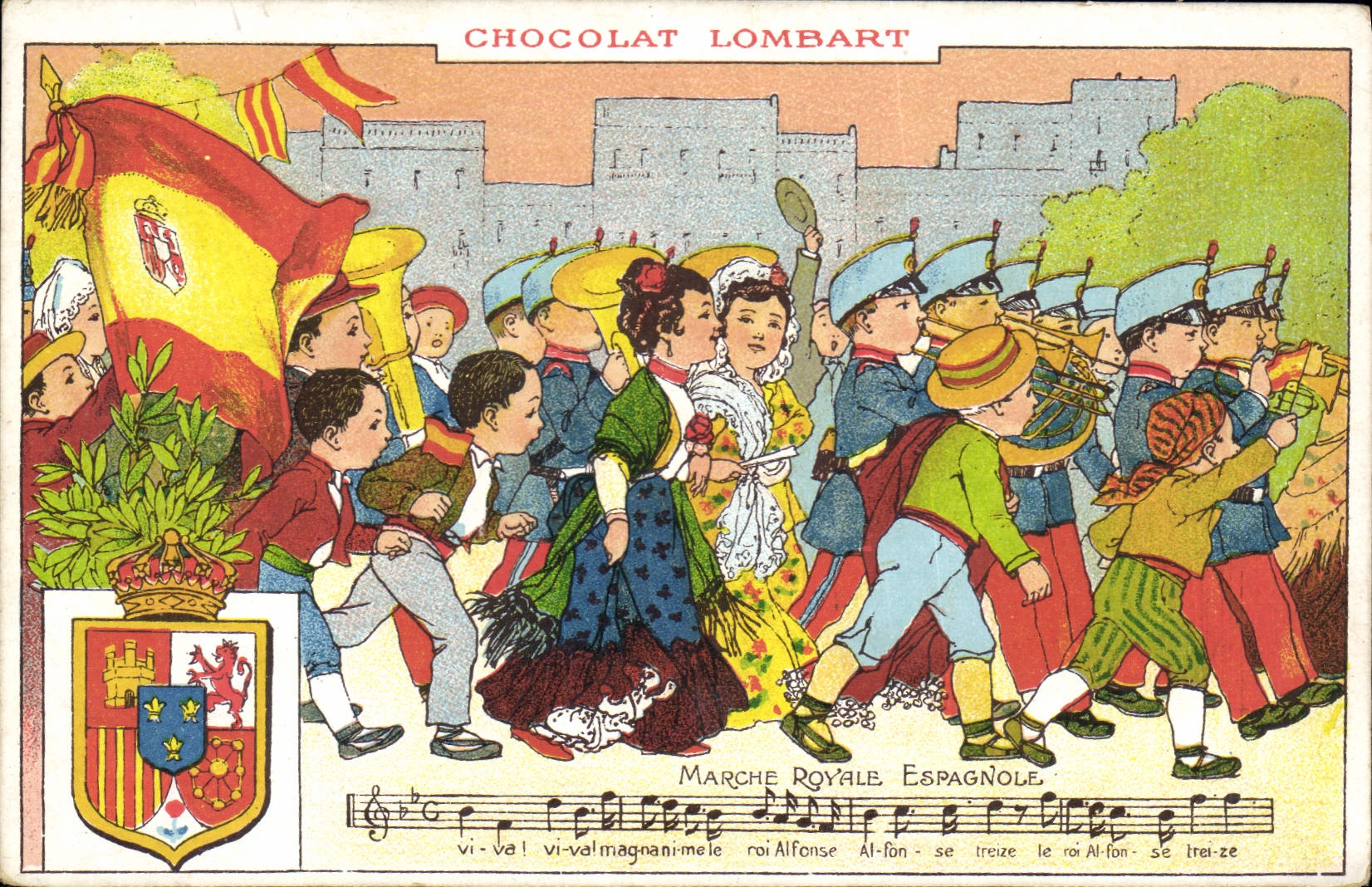 CPA Publicite Chocolat Lombart Marche Royale Espagnole Militaria 