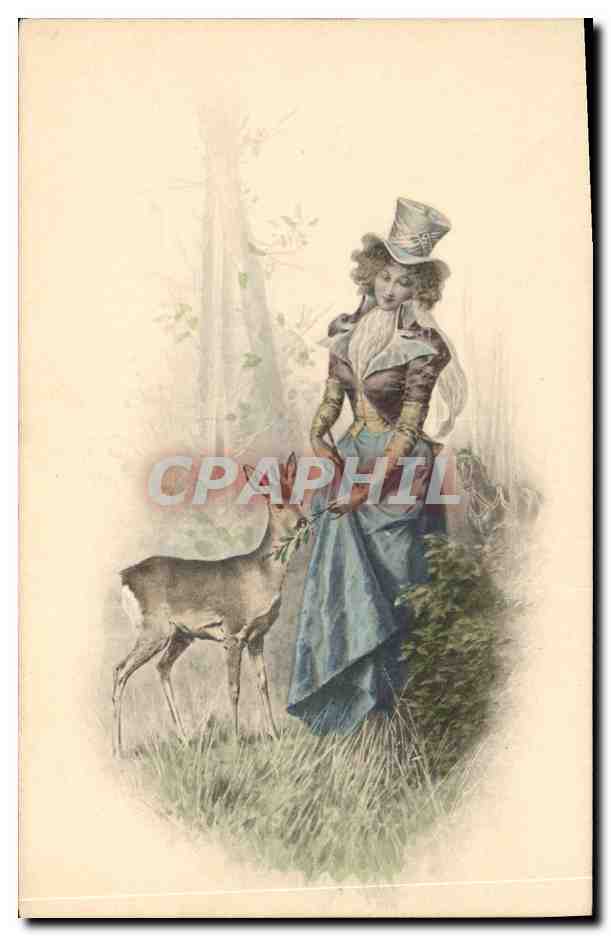 CPA Fantaisie Femme Illustrateur Biche