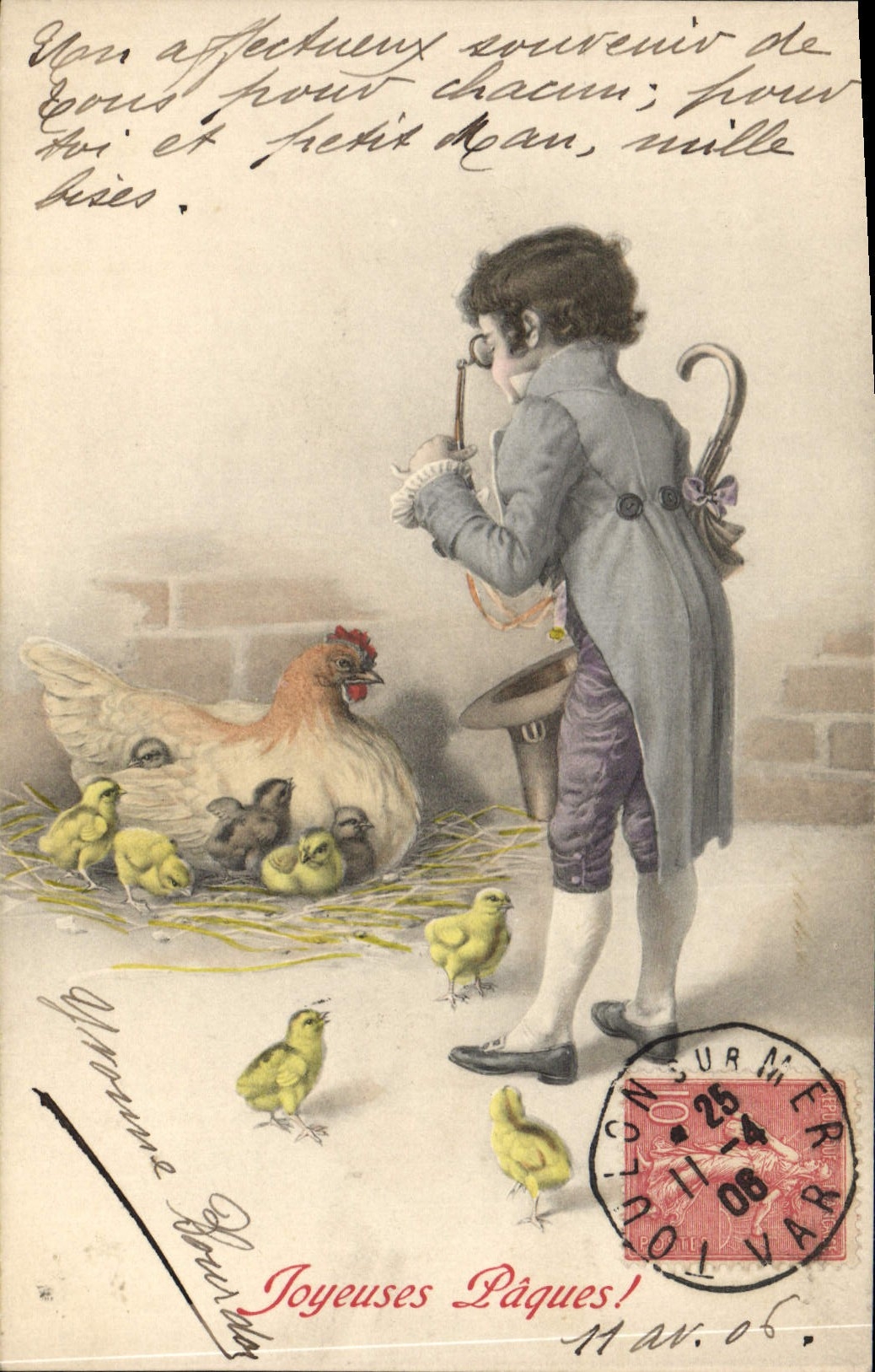 CPA Fantaisie Enfant Poule Poussins Paques Illustrateur 