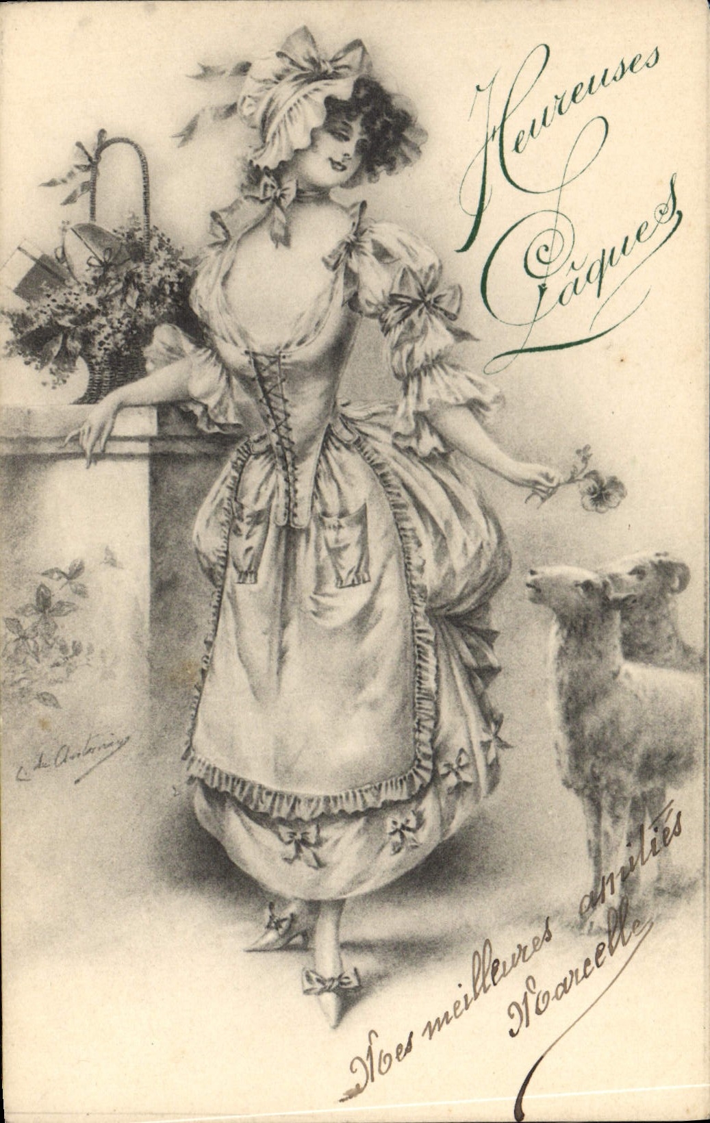 CPA Fantaisie Femme Illustrateur Agneau