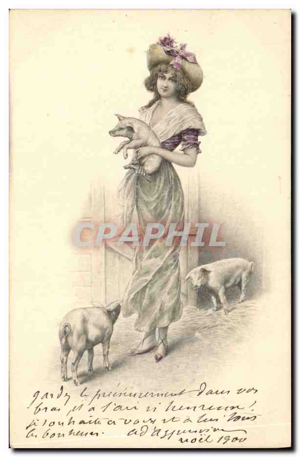 CPA Fantaisie Femme Illustrateur Cochon Porc 