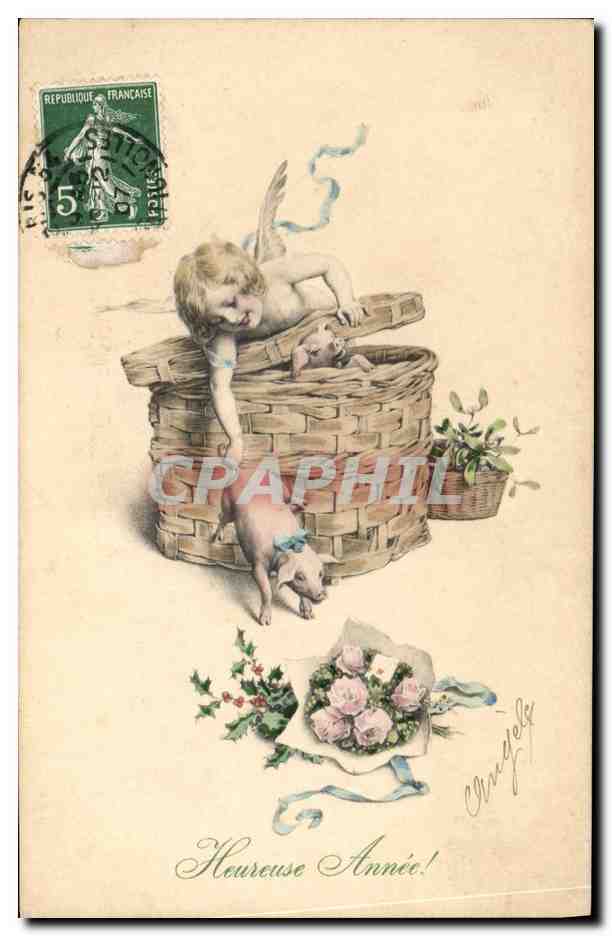CPA Fantaisie Femme Illustrateur Enfant Cochon Porc