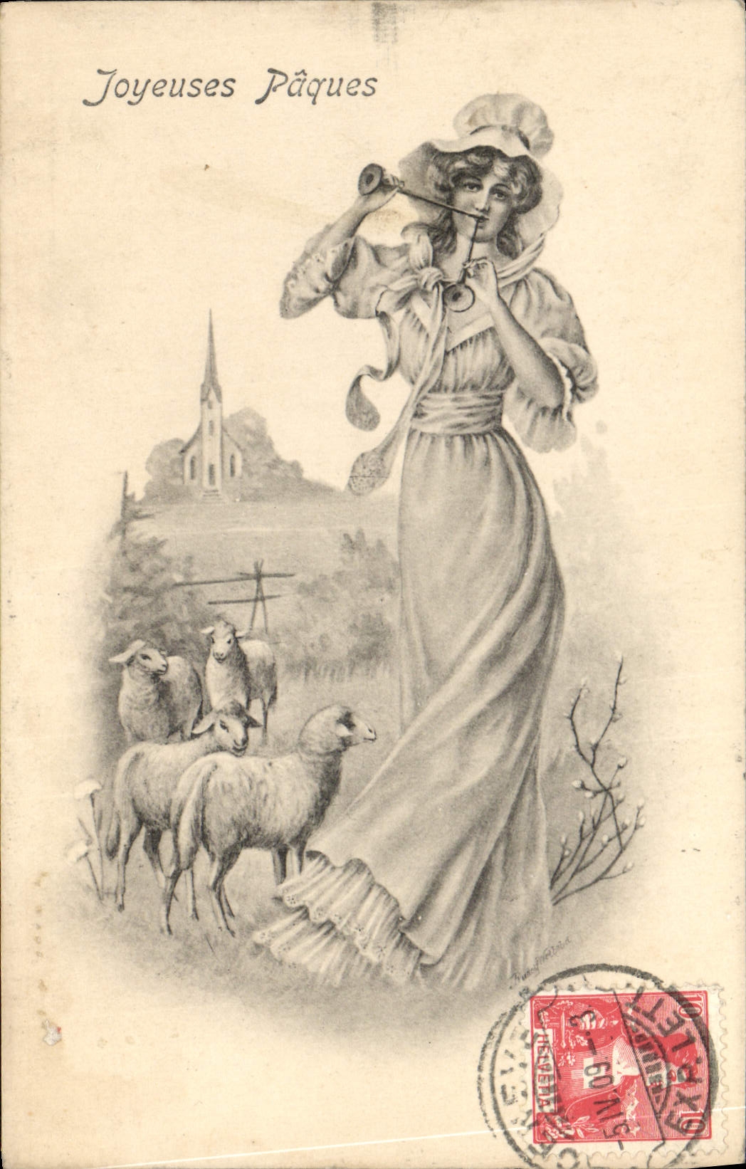 CPA Fantaisie Femme Illustrateur Paques Agneaux