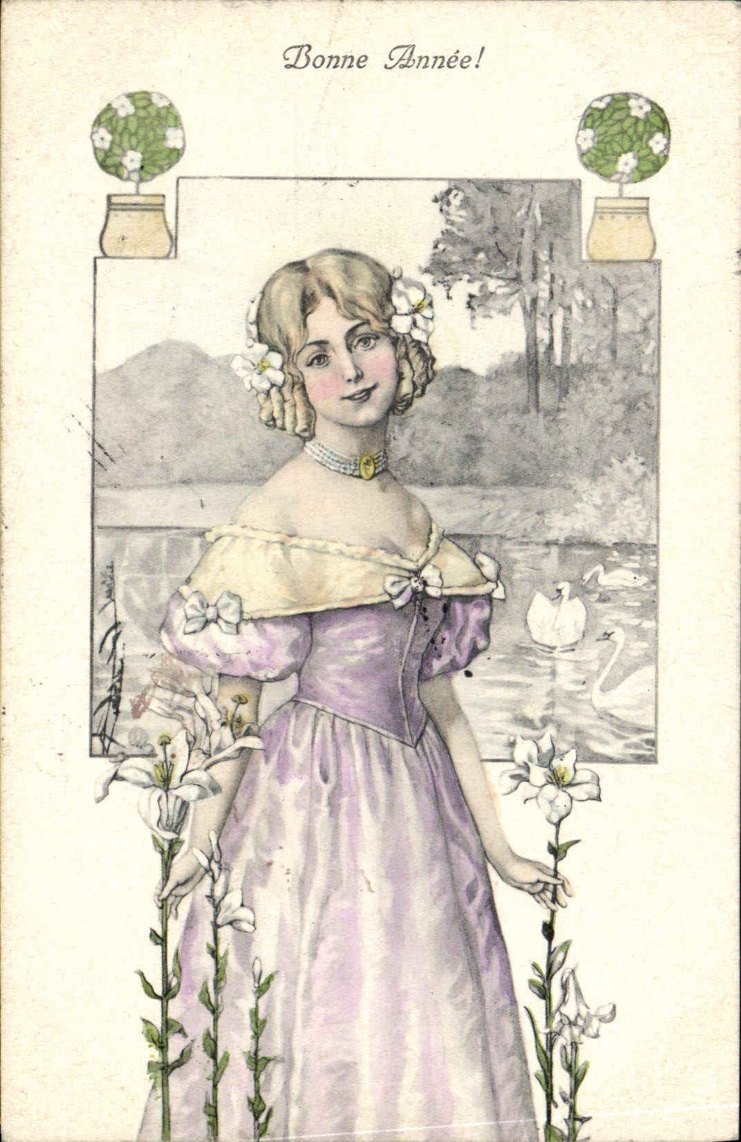 CPA Fantaisie Femme Illustrateur Cygnes