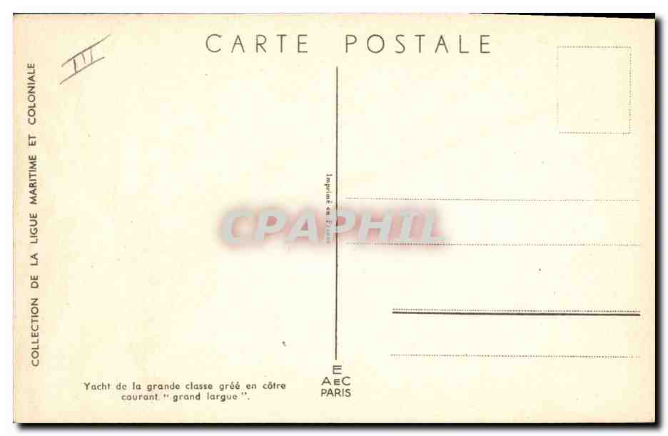 Yacht de la grande classe gréée en côte courant "grand largue" — Collection de la Ligue Maritime et Coloniale — Imprimerie de Paris — Verso