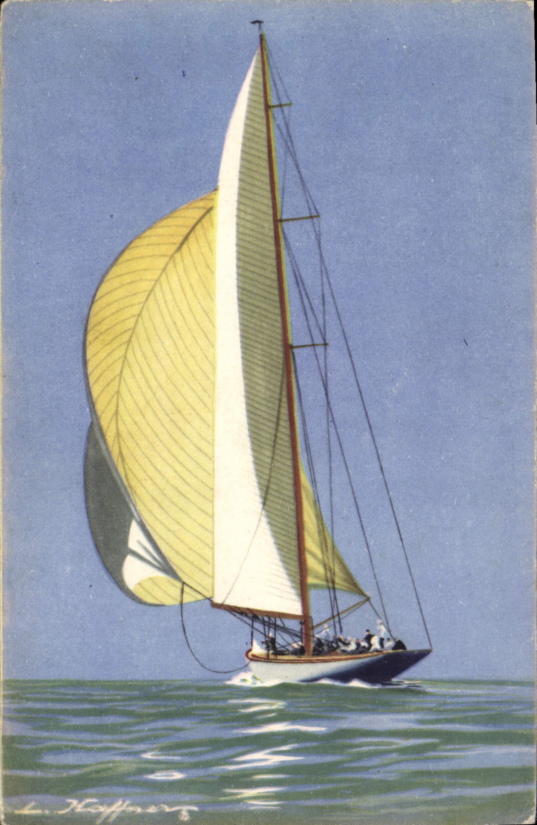 Yacht de la grande classe courant vent arrière avec son spinnaker — Collection de la Ligue Maritime et Coloniale — Imprimé en France