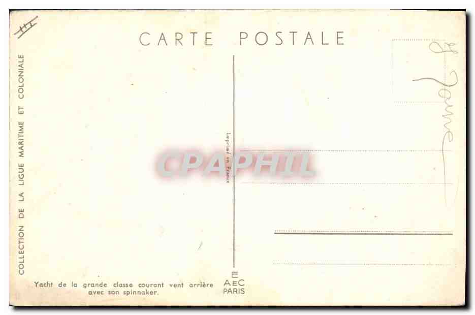 Yacht de la grande classe courant vent arrière avec son spinnaker — Collection de la Ligue Maritime et Coloniale — Imprimé en France — Reverso