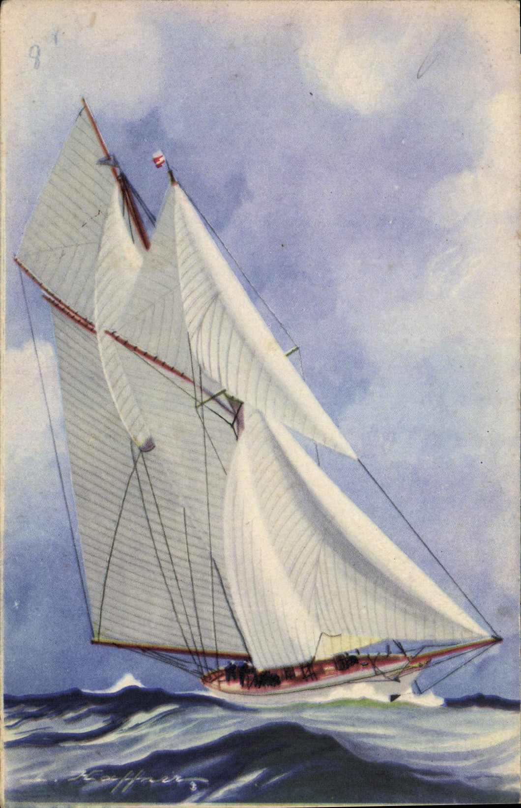 Goélette latine de la grande classe courant "largue" au vent de travers — L. Kaffner — Collection de la Ligue Maritime et Coloniale