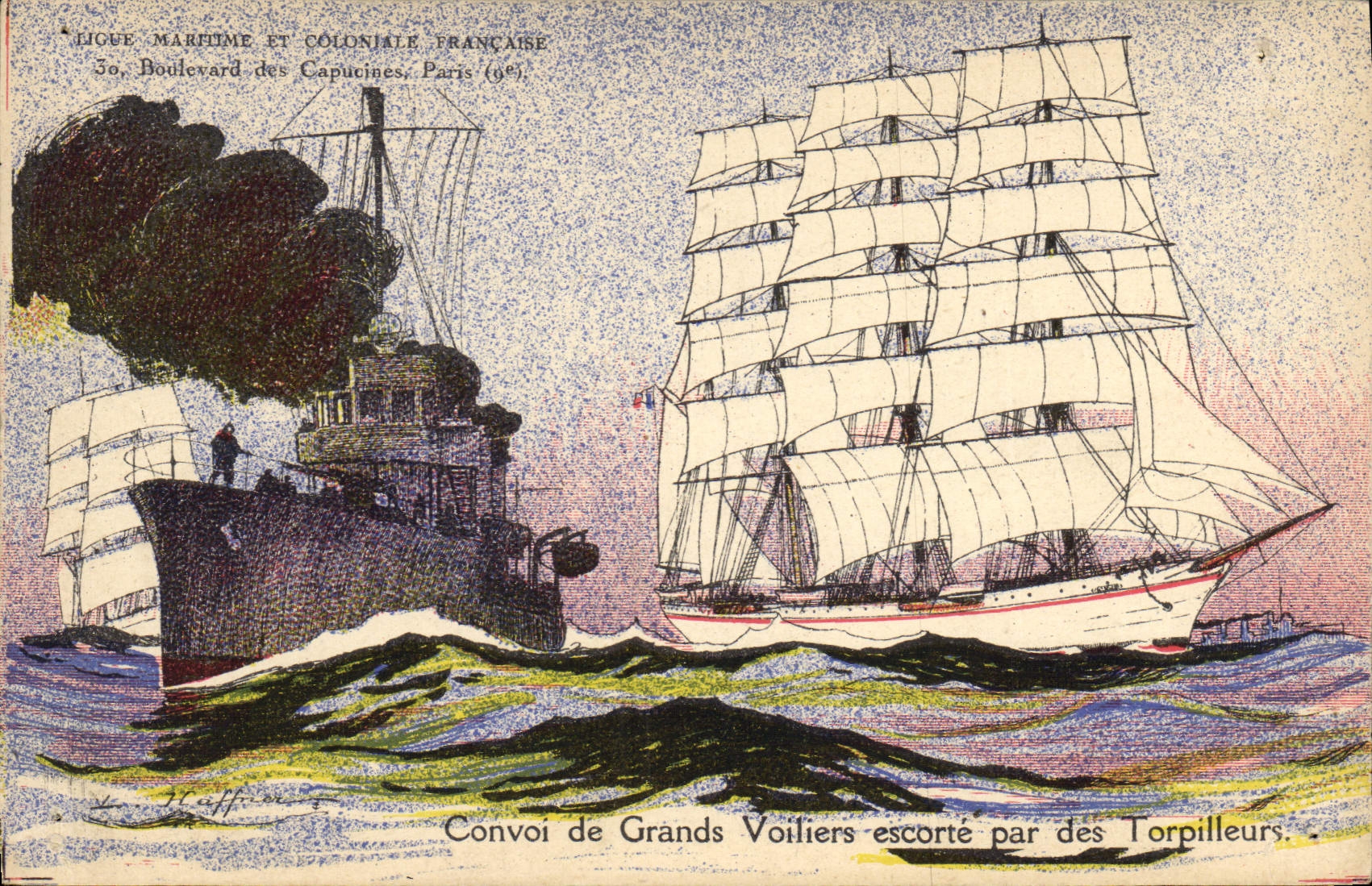 CPA Illustrateur Haffner Bateau de guerre Convoi de grands voiliers escorte par les torpilleurs 