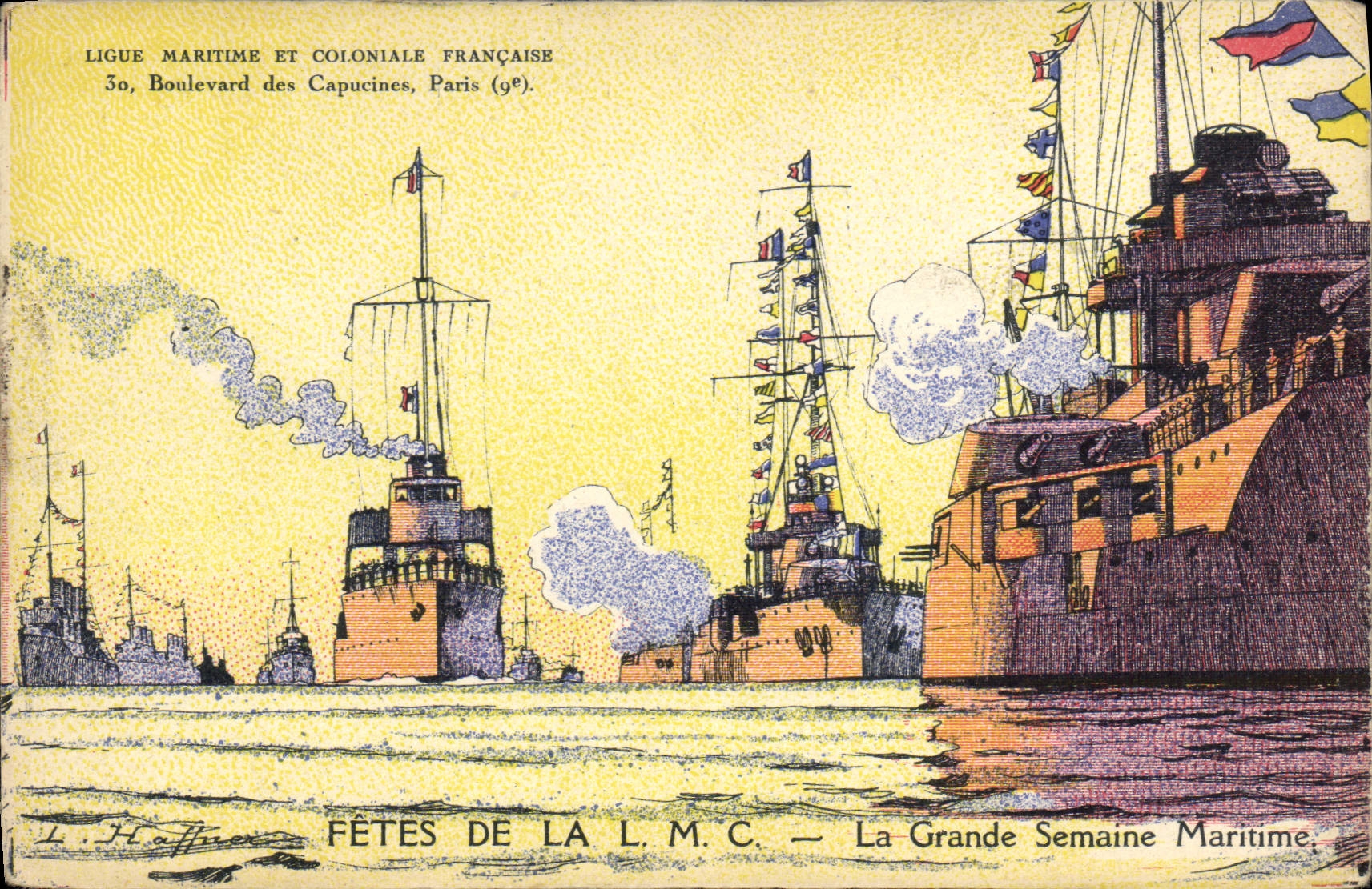 CPA Illustrateur Haffner Bateau de guerre Fetes de la LMC La grande semaine maritime 