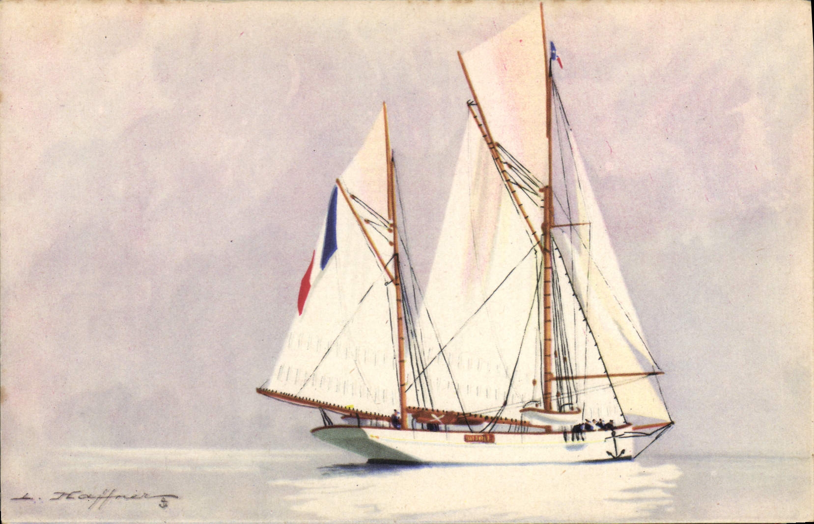 Yacht "Encalminé" — ketch de croisière, grand mat d'artimon devant le gouvernail — Collection de la Ligue Maritime et Coloniale, imprimé en France