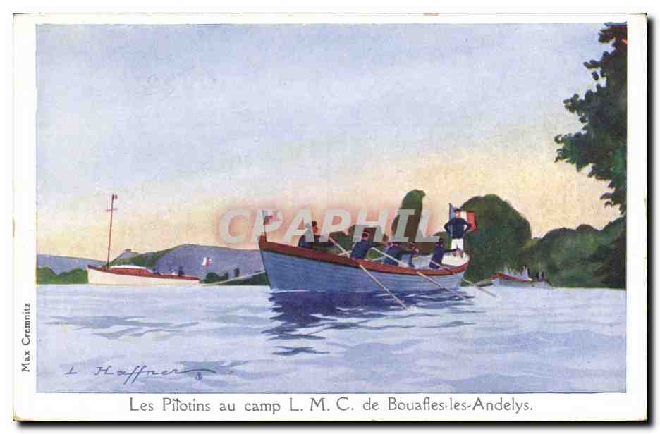CPA Illustrateur Haffner Bateau Les pilotins au camp LMC de Bouafles les Andelys 
