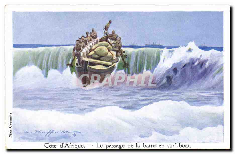 CPA Illustrateur Haffner Bateau Cote d'Afrique Le passage de la barre en surf coat 