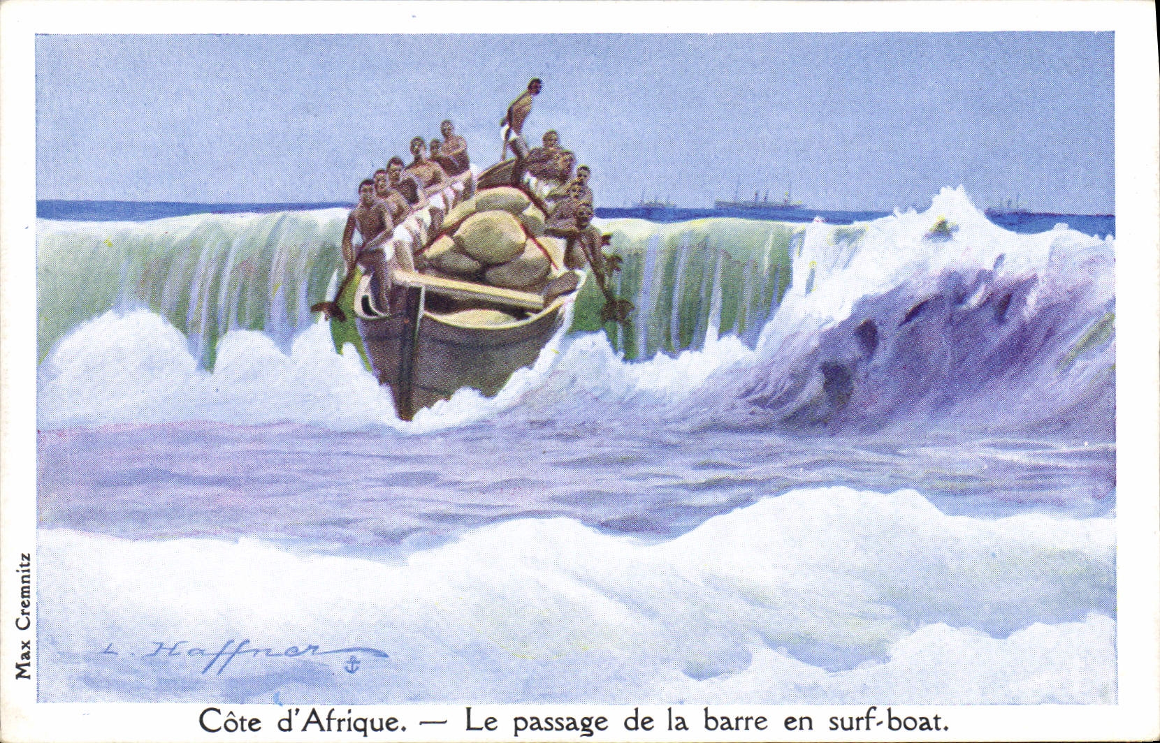 CPA Illustrateur Haffner Bateau Cote d'Afrique Le passage de la barre en surf coat