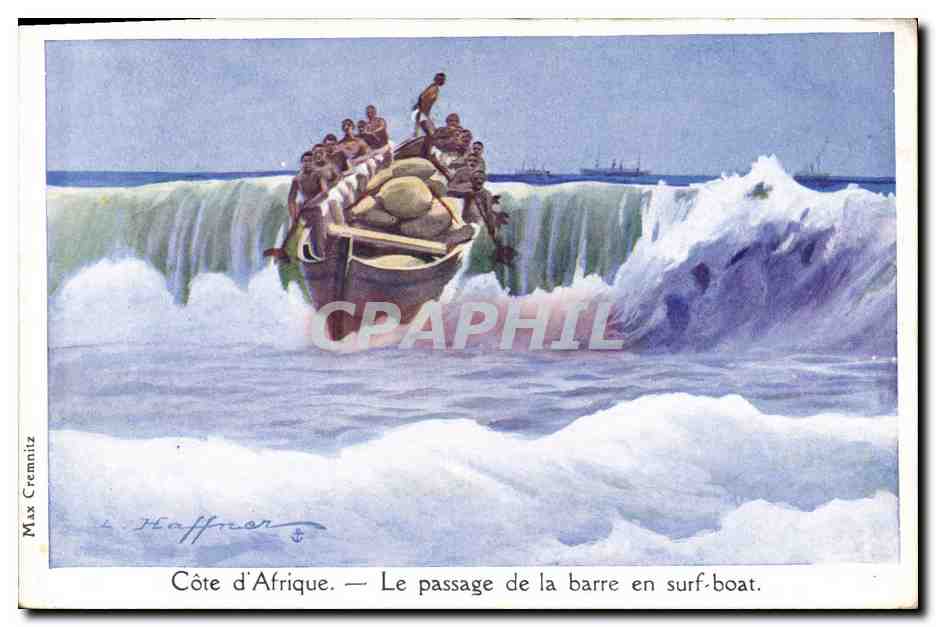CPA Illustrateur Haffner Bateau Cote d'Afrique Le passage de la barre en surf coat 