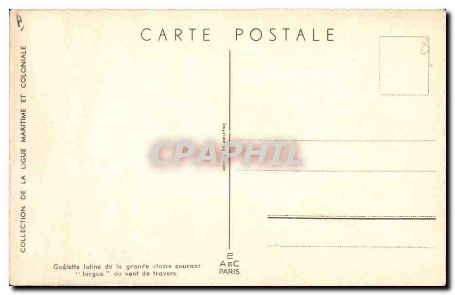 Goélette latine de la grande classe courant "largue" ou vent de travers — L. Kauffner — Collection de la Ligue Maritime — Reverso