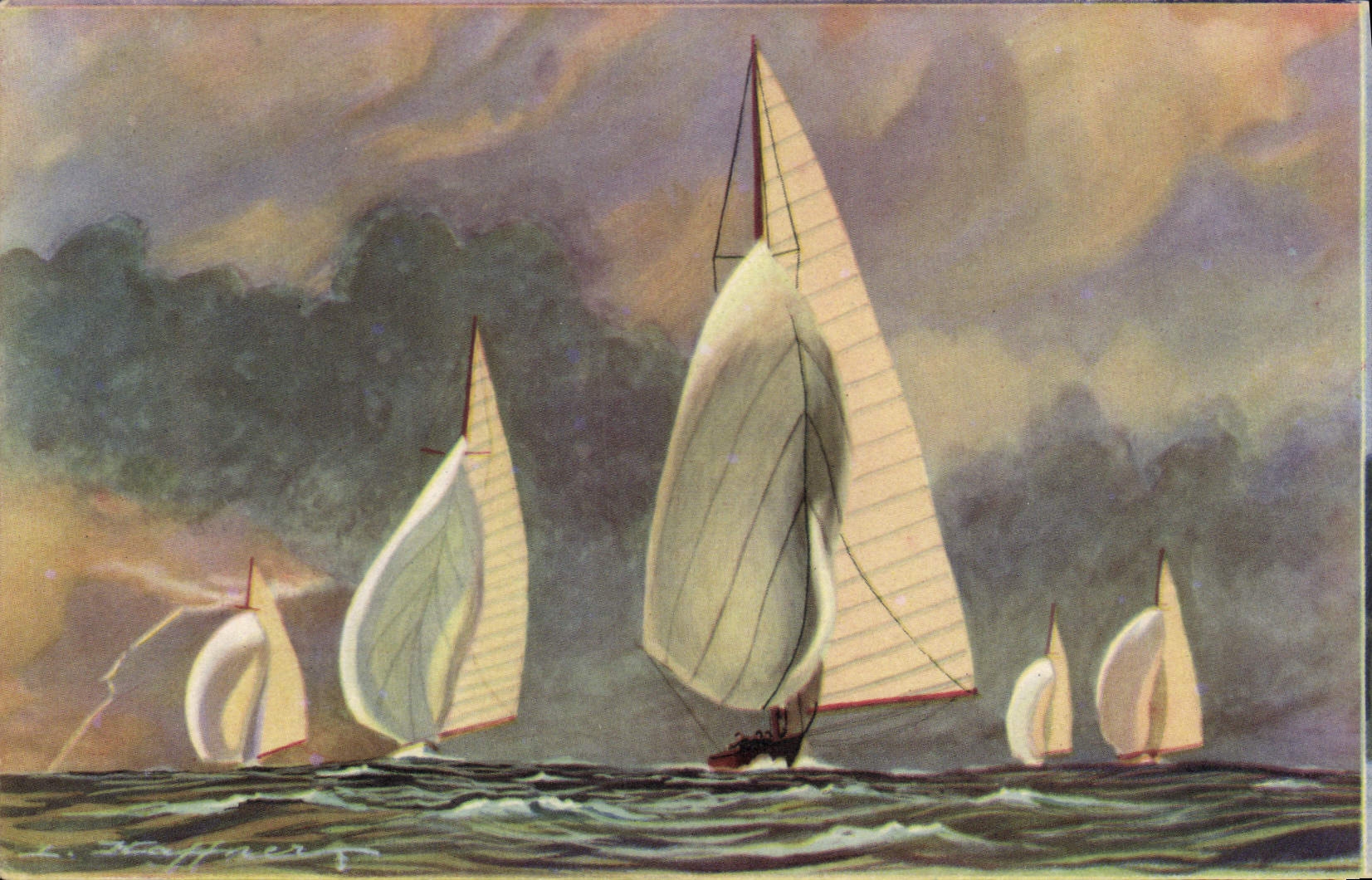 Six mètres de la jauge internationale courant sous leur grand voile et leur Spinnaker — Vent arrière — Collection de la Ligue Maritime et Coloniale, Imprimerie E.A.E.C. Paris