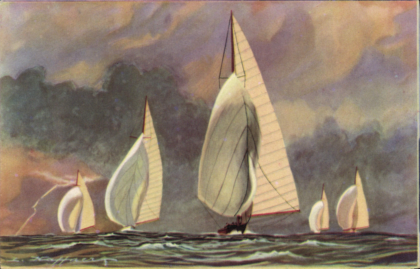 Six mètres de la jauge internationale courant sous leur grand voile et leur Spinnaker — L. Hauffner — Collection de la Ligue Maritime et Coloniale