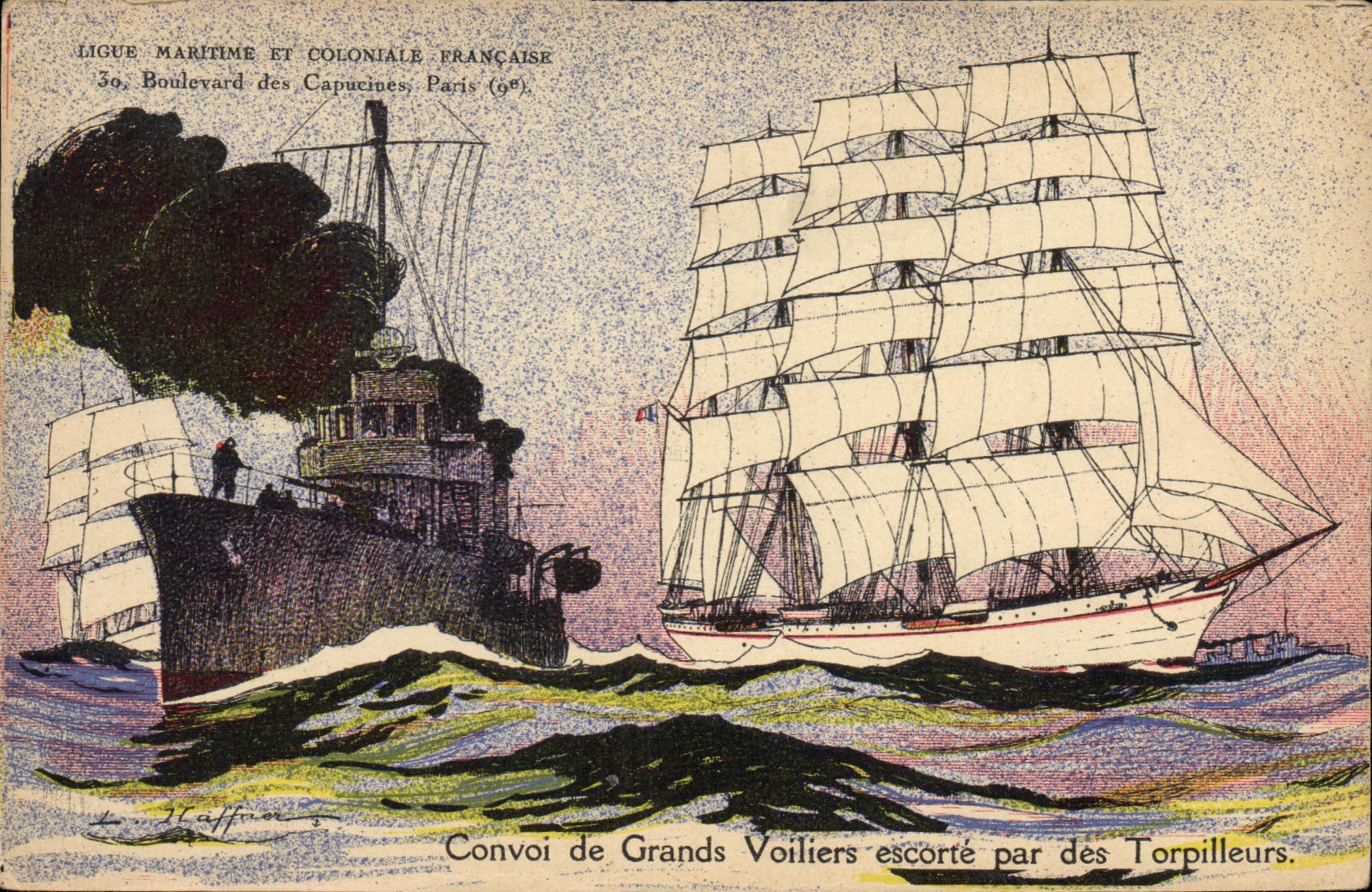 Convoi de Grands Voiliers escorté par des Torpilleurs — Ligue Maritime et Coloniale Française, 30, Boulevard des Capucines, Paris (6e)