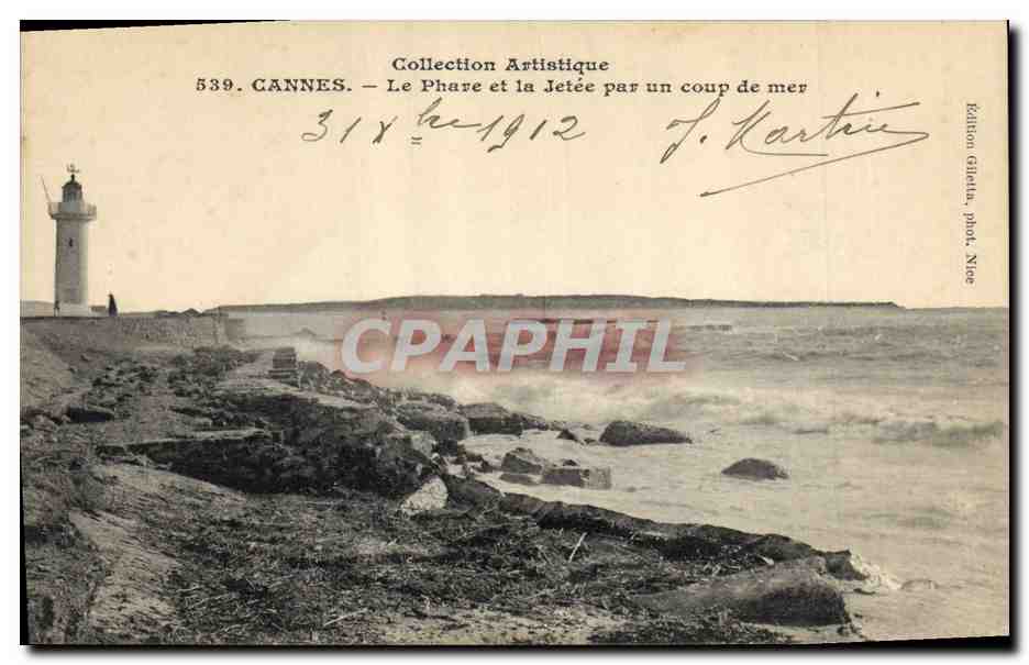 CPA Phare et la jetee par un coup de mer Cannes 