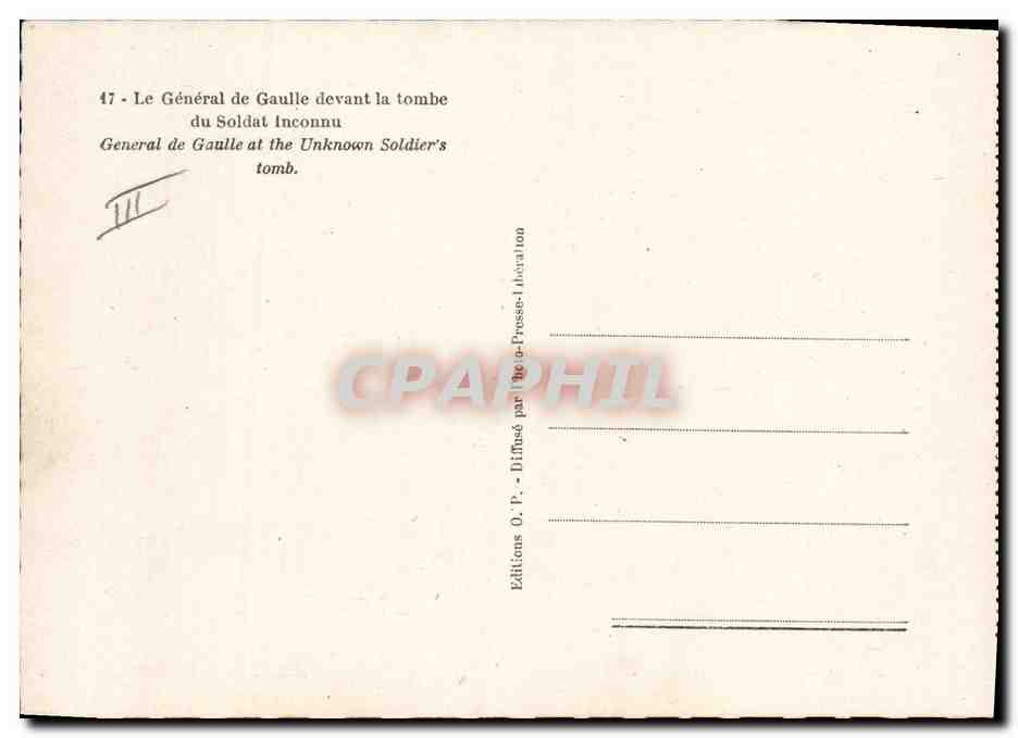 CPM Militaria Le General de Gaulle devant la tombe du soldat inconnu  — Rückseite