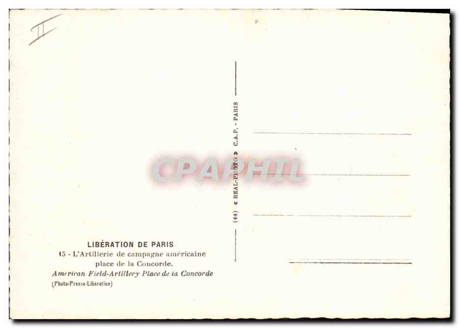 CPM Militaria Liberation de Paris L'artillerie de campagne americaine place de la Concorde — Rückseite