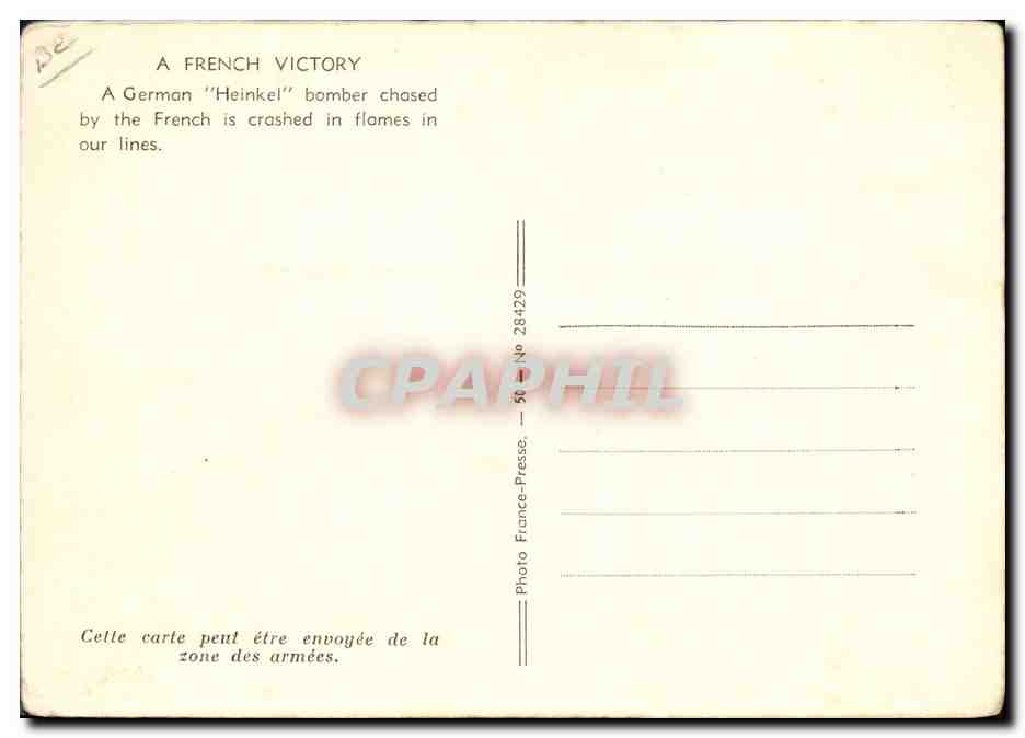 CPM Militaria Un bombardier Heinkel pris en chasse par les Francais est abattu et s'erase en flammes dans nos linges — Reverso