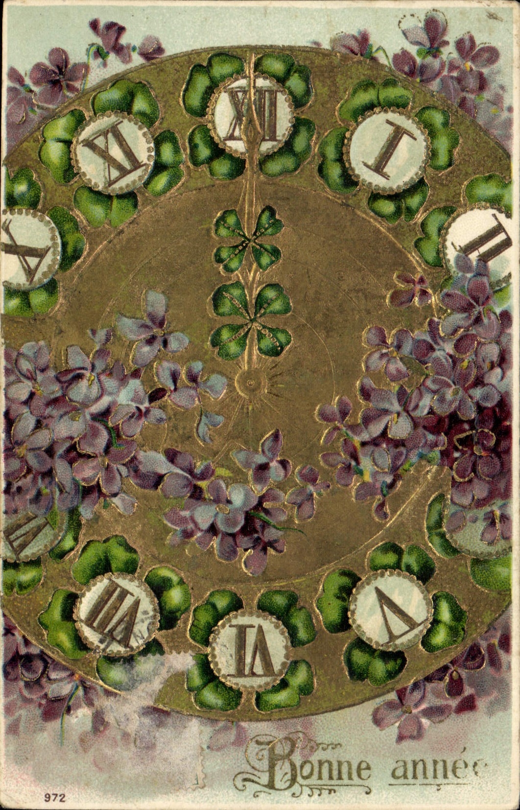 Horloge décorative avec trèfles — Bonne année — Éditeur non identifié, n° 972