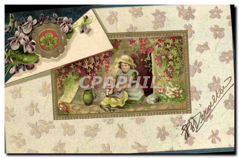 CPA Fantaisie Fleurs Enfants Trefle Poupee
