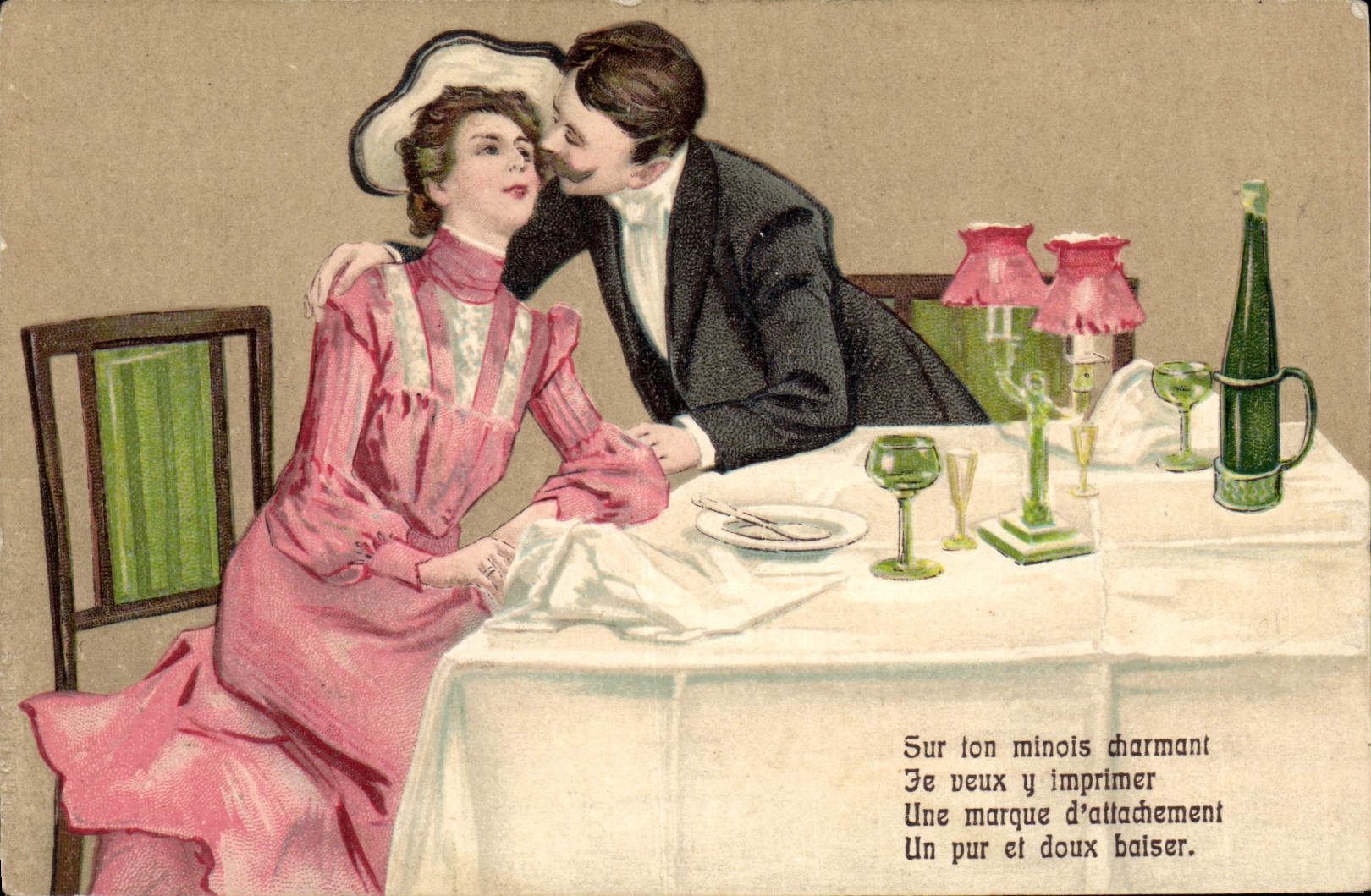 Couple amoureux à table — texte poétique — éditeur inconnu, n° de série non visible
