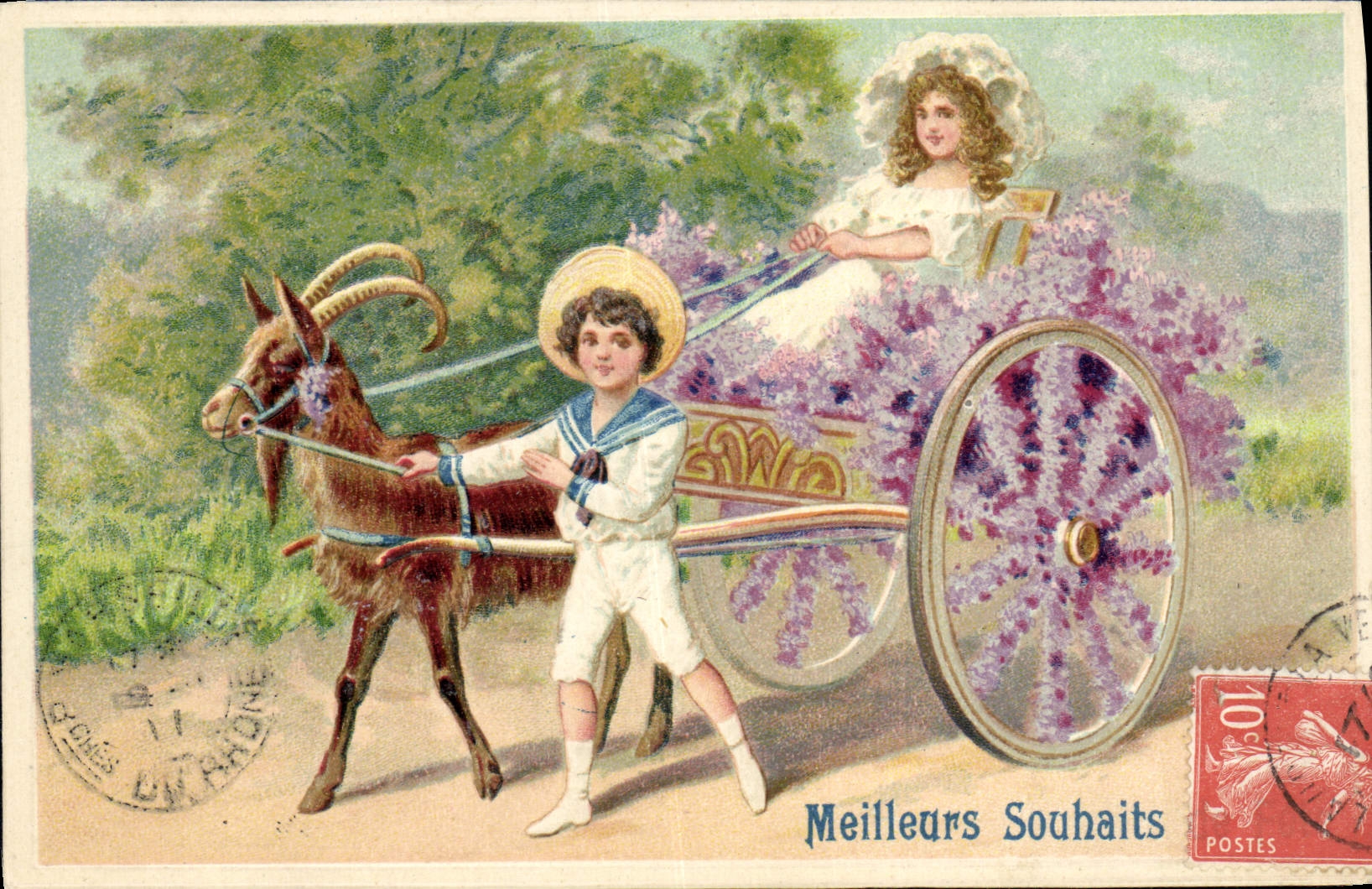 Jeune garçon conduisant une charrue à âne — Meilleurs Souhaits — éditeur K.F. Éditeurs, Paris, série 3119