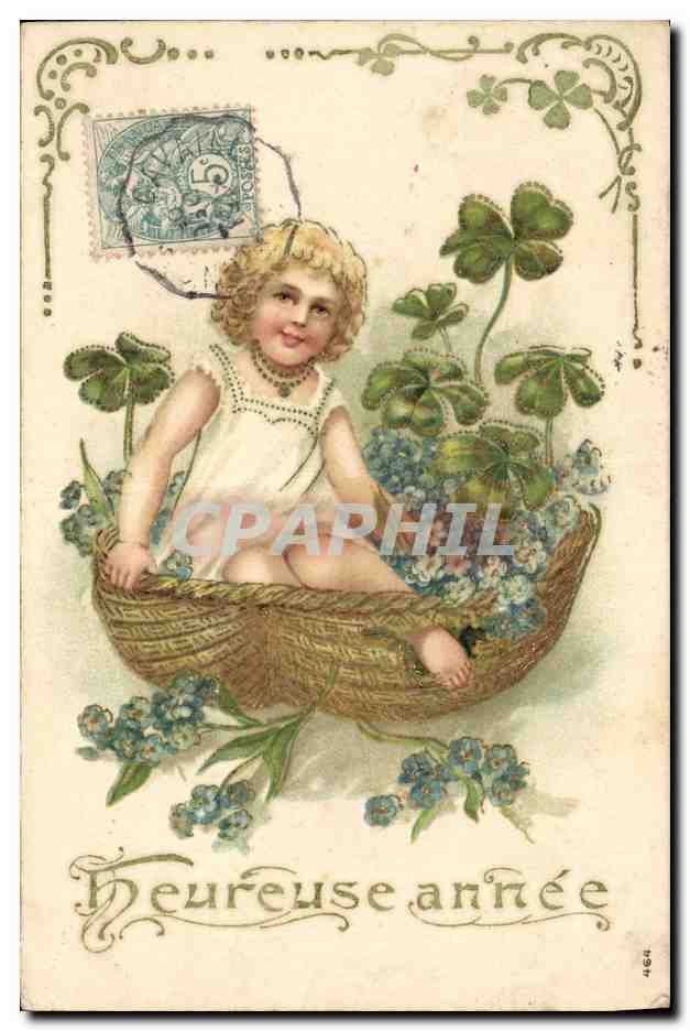 Enfant dans un panier parmi des trèfles — 'Heureuse année' — éditeur non visible, n° de série 464