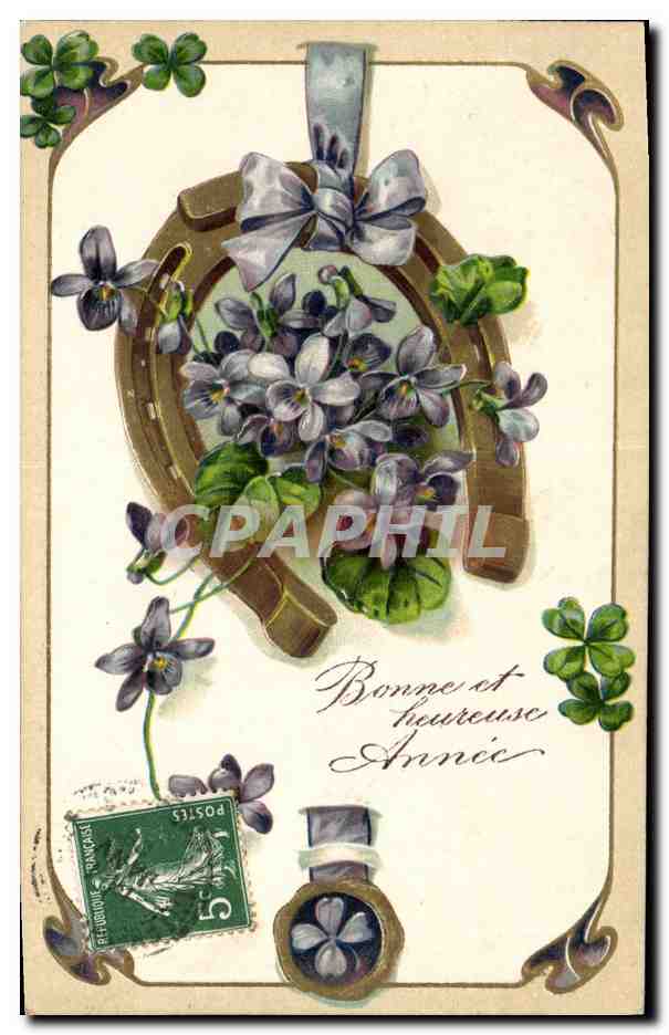 CPA Fantaisie Fleurs Fer a cheval Trefles