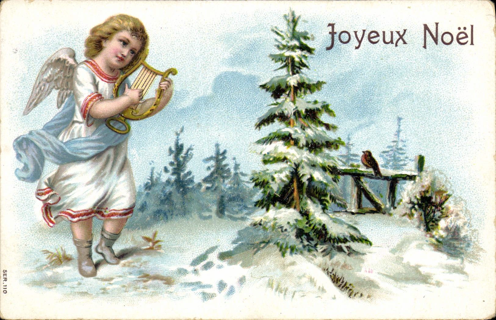 Ange jouant de la lyre — paysage hivernal avec sapin enneigé — série 110