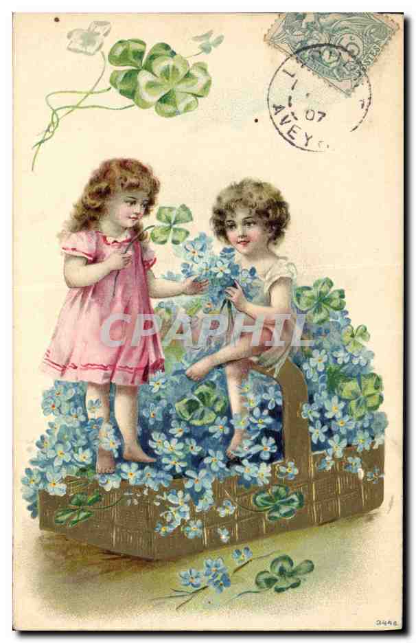 Deux petites filles parmi des fleurs et des trèfles — éditeur non visible, n° de série 3448
