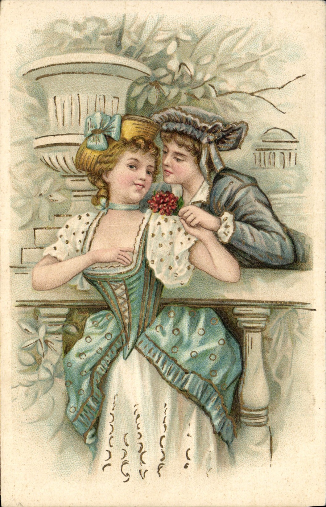 Jeune couple en tenue d'époque — scène romantique — éditeur série 70